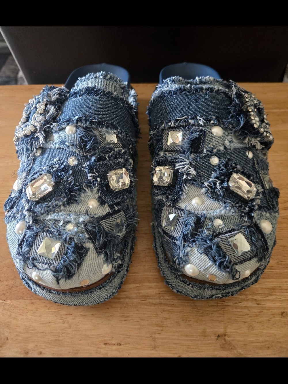 Gianni Bini Omari Denim Patchwork Jewel/ Pearl  Platform Clogs - Picture 3 of 9